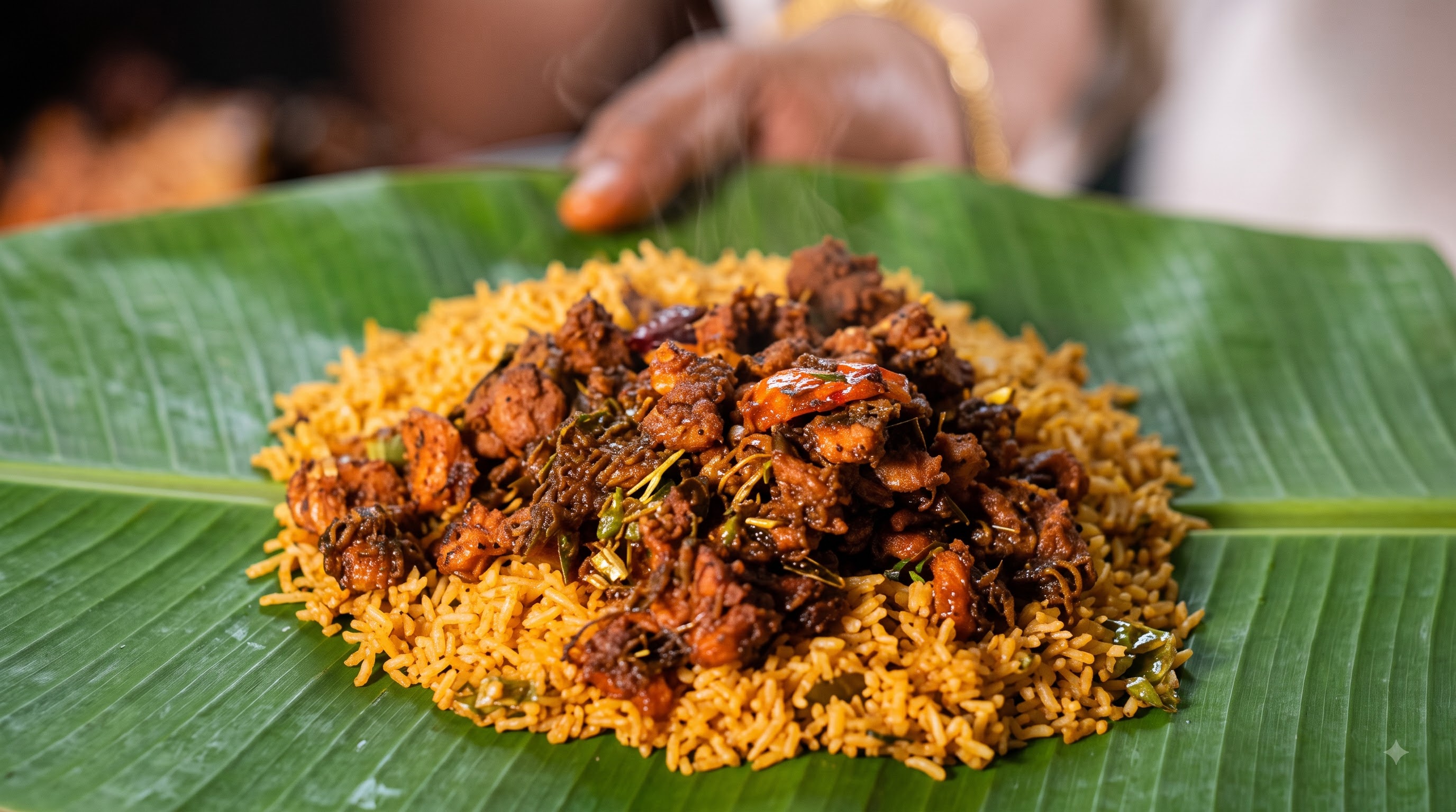 Prawns fry biryani on banana leaf